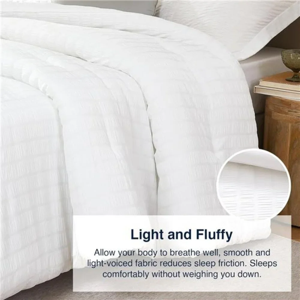 White Queen Comforter Set - 3 Pieces Seersucker Lightweight Bedding Comforter